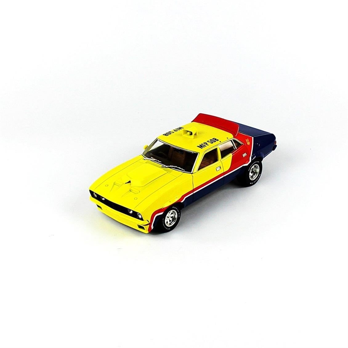 Greenlight 13574 1/18 Ölçek, 1974 Ford Falcon XB 4-Door Dedan MFP (First of the V8 Interceptor 1979), Sarı-Mavi-Kırmızı, Sergil