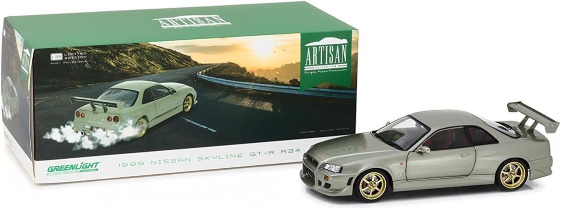Greenlight 19033 1/18 Ölçek, 1999 Nissan Skyline GTR R34, Jade, Sergilemeye Hazır Metal Araba Modeli