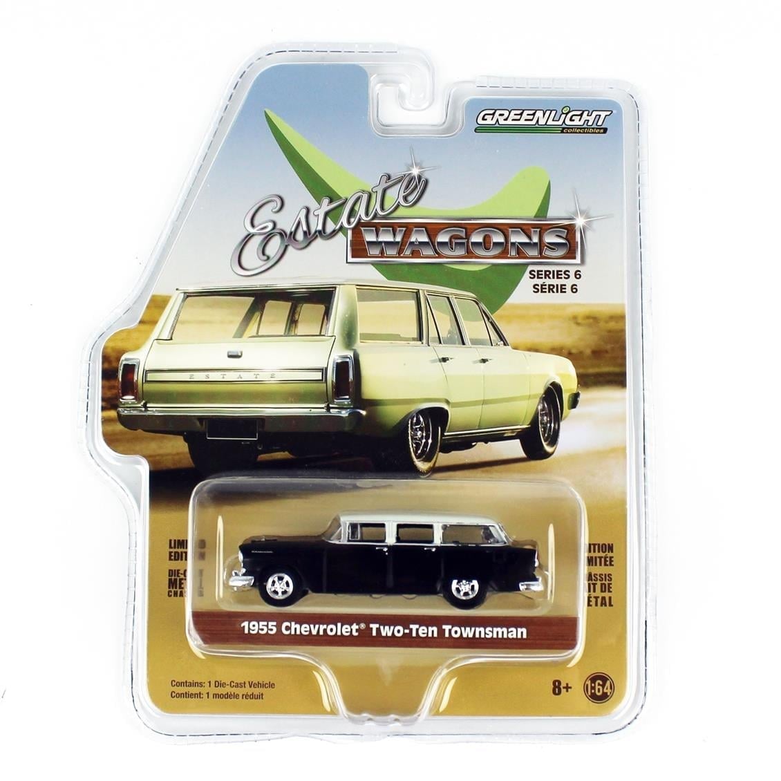 GreenLight 36010A 1/64 Ölçek, 1955 Chevrolet Two-Ten Townsman (Estate Wagon Series 6), Mat Siyah ve Fildişi, Sergilemeye Hazır