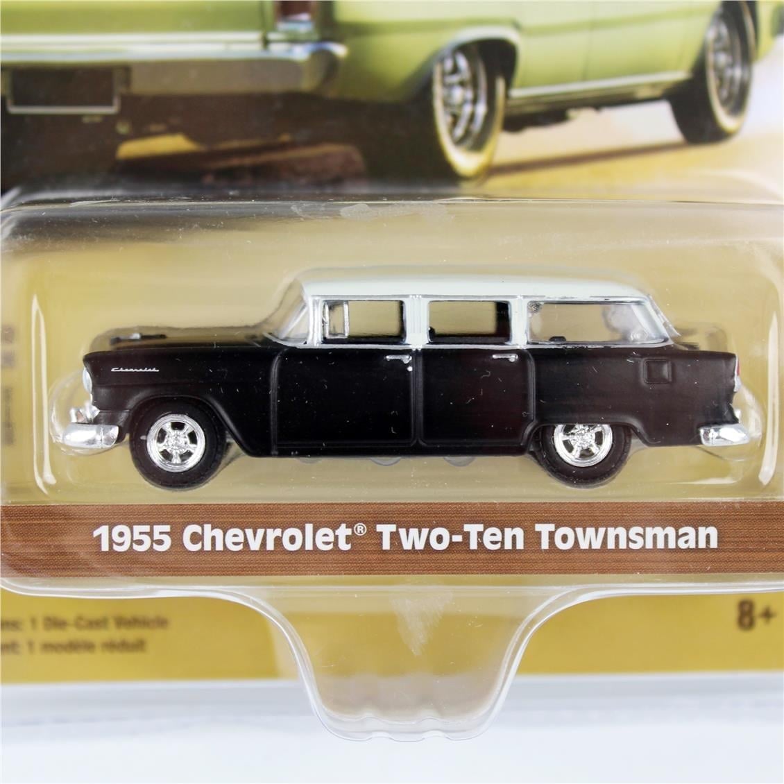 GreenLight 36010A 1/64 Ölçek, 1955 Chevrolet Two-Ten Townsman (Estate Wagon Series 6), Mat Siyah ve Fildişi, Sergilemeye Hazır