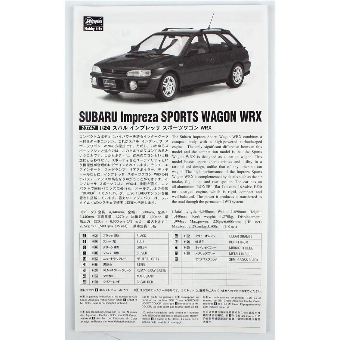 Hasegawa 20747 1/24 Ölçek, Subaru Impreza Sports Wagon WRX, Otomobil Plastik Model Kiti