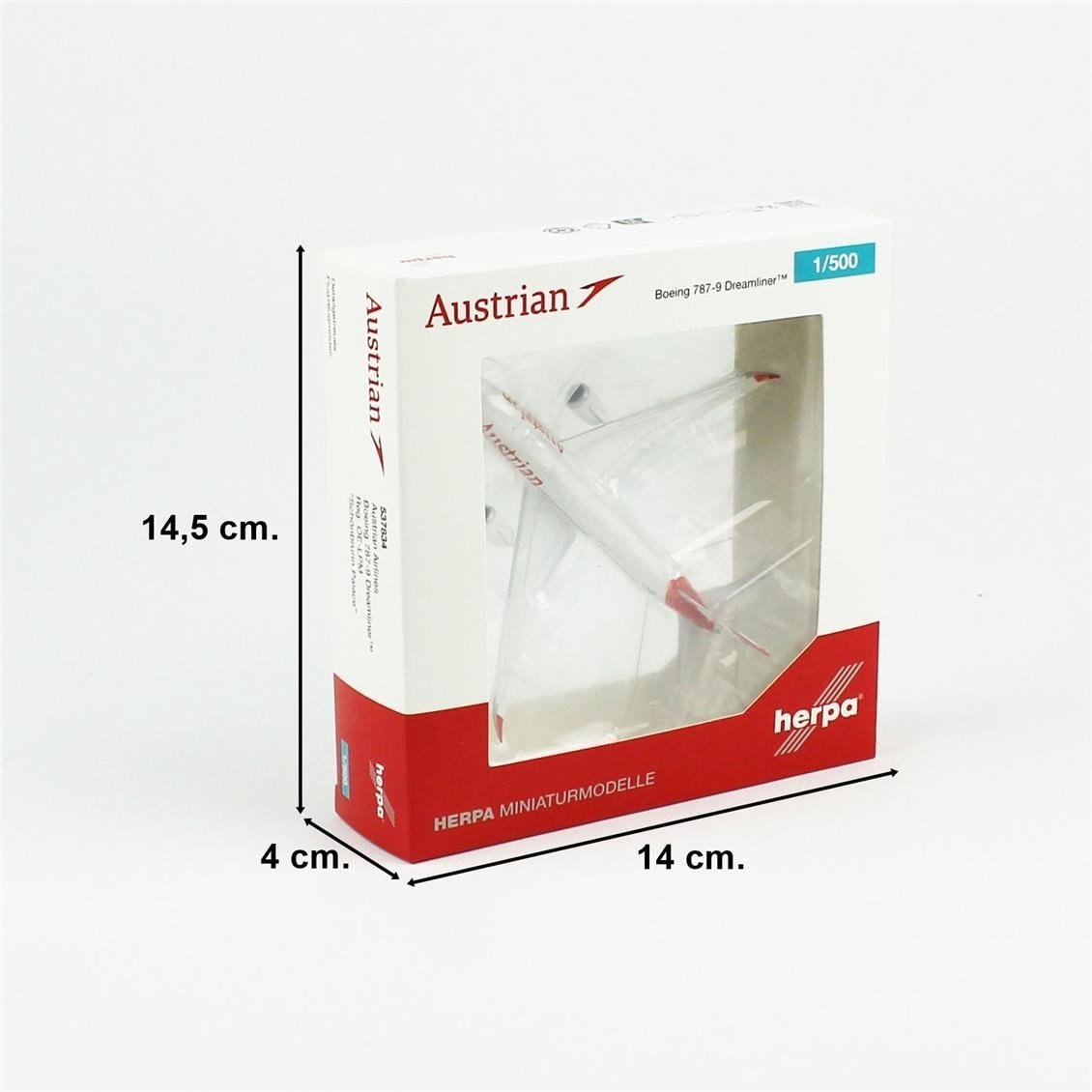 Herpa 537834 1/500 Ölçek, Avusturya Havayolları Boeing 787-9 Dreamliner, Metal, Sergilemeye Hazır Model Yolcu Uçağı