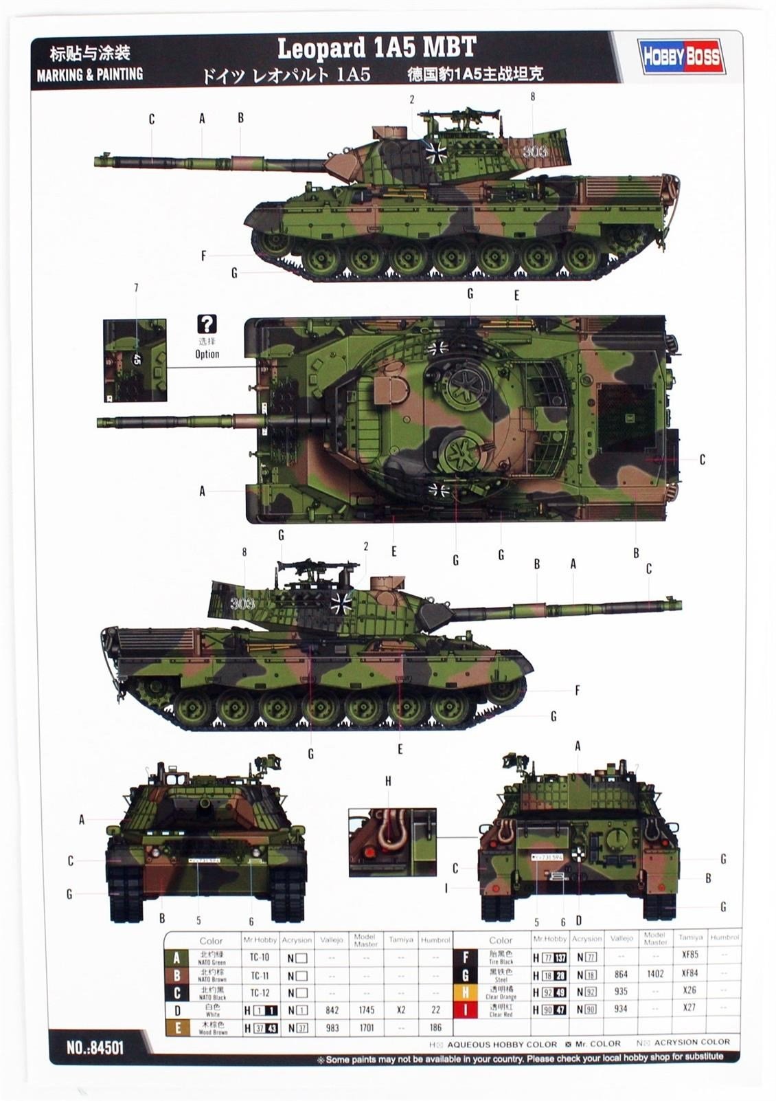 HobbyBoss 84501 1/35 Ölçek, Leopard 1A5 Ana Muhabere Tankı, Plastik Model Kiti