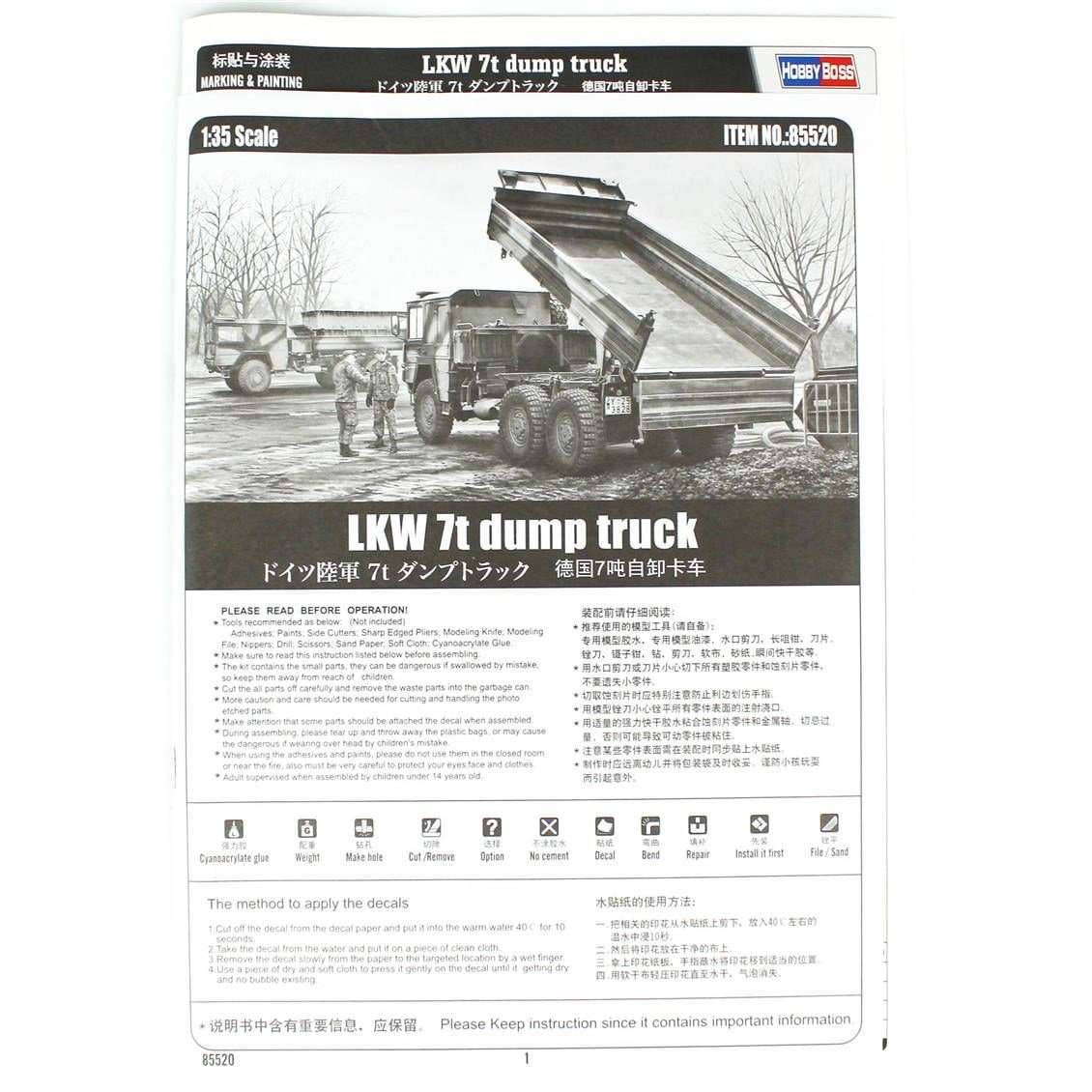 HobbyBoss 85520 1/35 Ölçek, LKW 7t Damperli Askeri Kamyon, Plastik Model Kiti