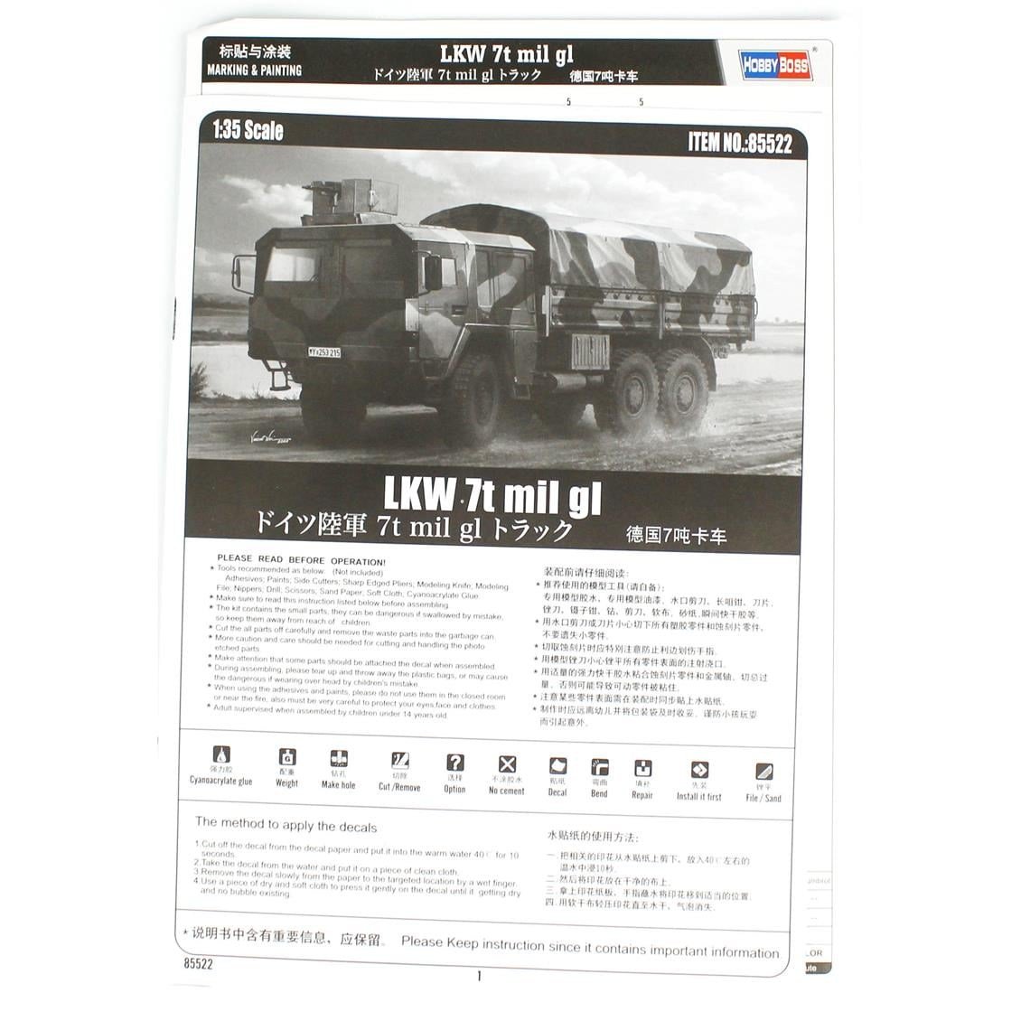 HobbyBoss 85522 1/35 Ölçek, LKW 7t mil gl, Askeri Kamyon, Plastik Model Kiti