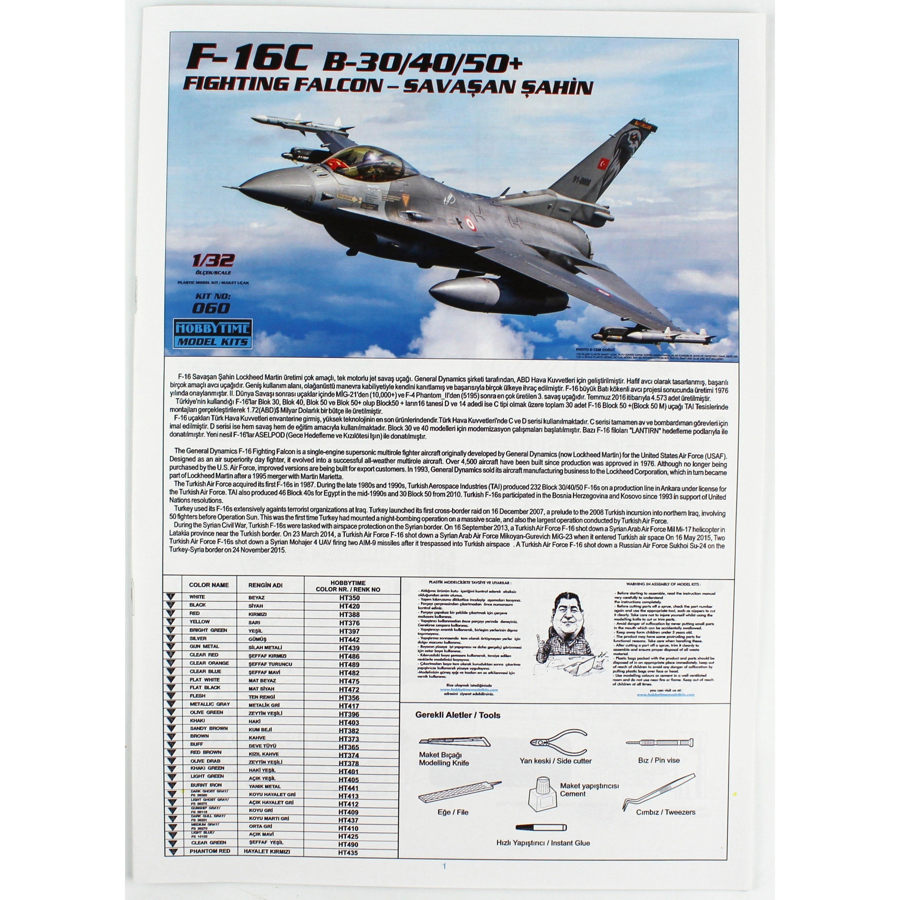 Hobbytime 060 1/32 Ölçek, F-16C B-30/40/50+ Fighting Falcon, Savaşan Şahin Savaş Uçağı Plastik Model Kiti