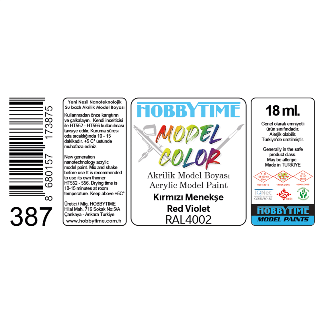 Hobbytime 387 18 ml. RAL4002 Kırmızı Menekşe (Red Violet), Akrilik Model Boyası