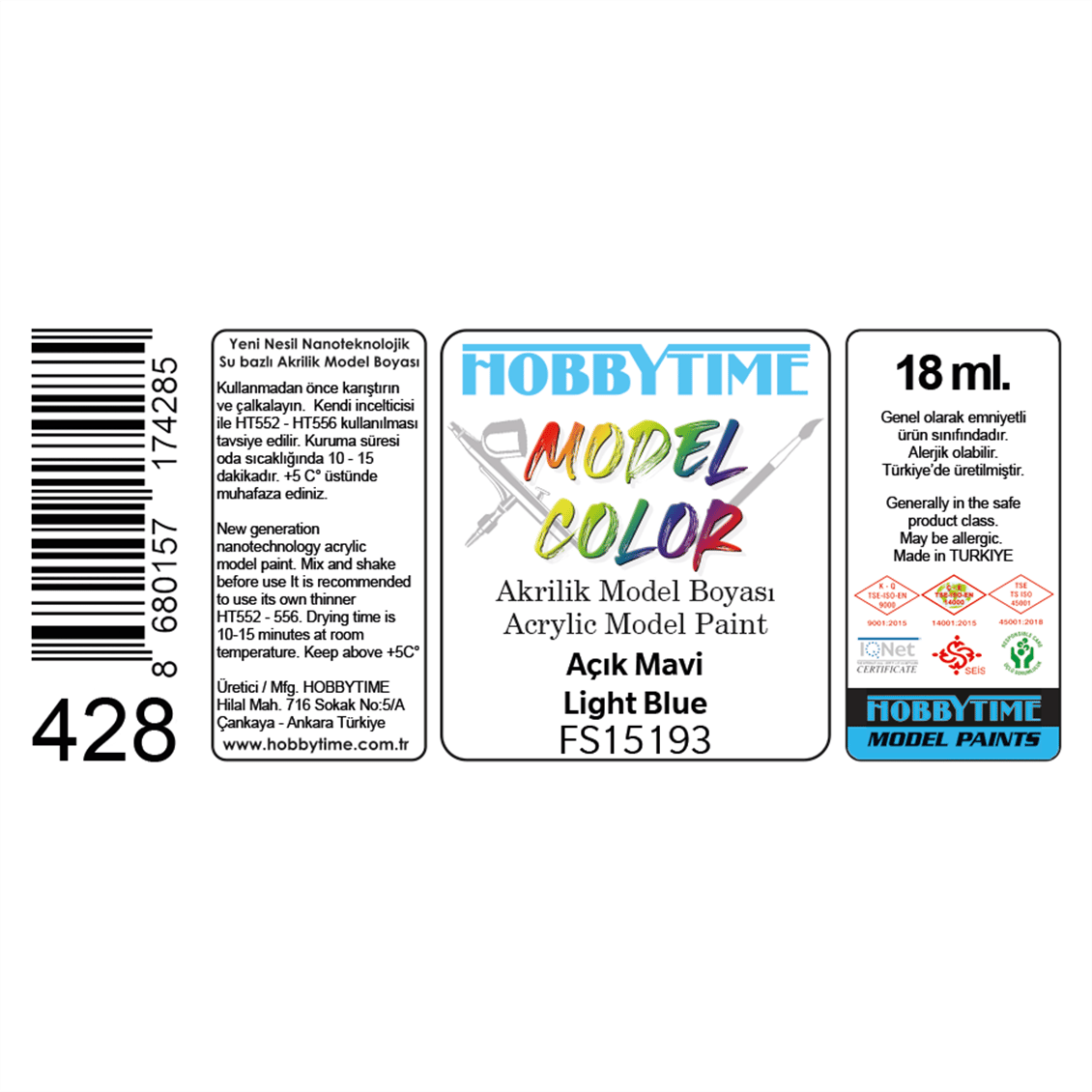 Hobbytime 428 18 ml. FS15193 Açık Mavi (Light Blue), Akrilik Model Boyası