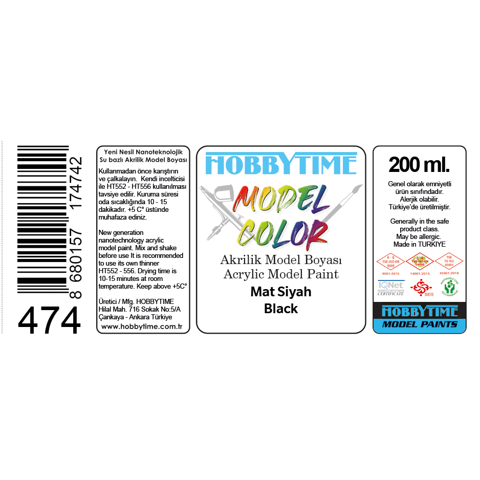 Hobbytime 474 200 ml. Mat Siyah (Black ), Akrilik Model Boyası