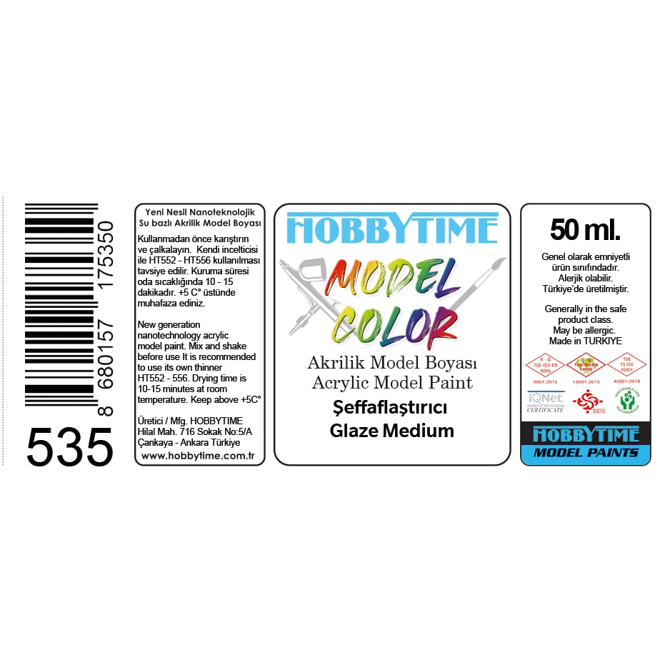 Hobbytime 535 50 ml. Şeffaflaştırıcı (Glaze Medium), Akrilik Model Boyası