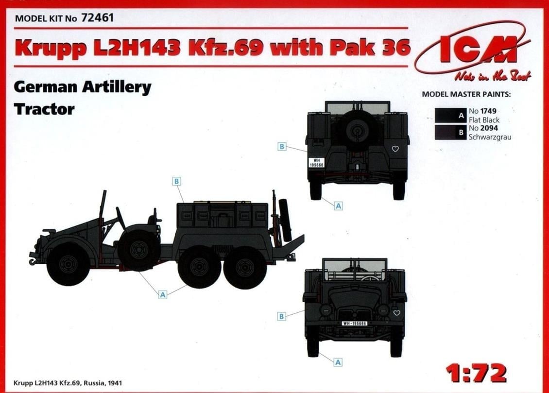 ICM 72461 1/72 Ölçek, Krupp L2H143 Kfz.69 with Pak 36 German