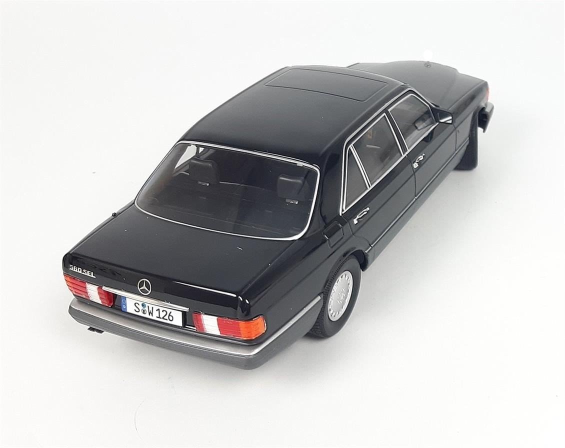 iScale 1180057 1/18 Ölçek, 1985 Mercedes Benz 560 SEL S-Class (W126), Siyah-Gri, Sergilemeye Hazır Metal Araba Modeli
