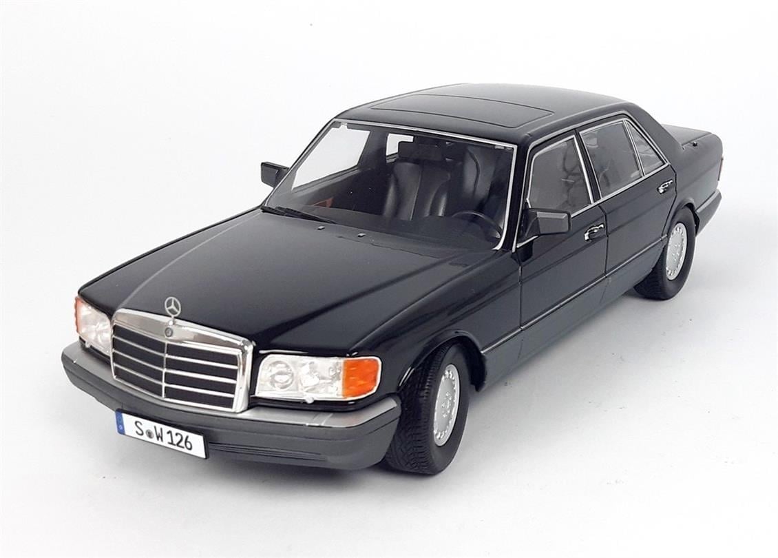 iScale 1180057 1/18 Ölçek, 1985 Mercedes Benz 560 SEL S-Class (W126), Siyah-Gri, Sergilemeye Hazır Metal Araba Modeli
