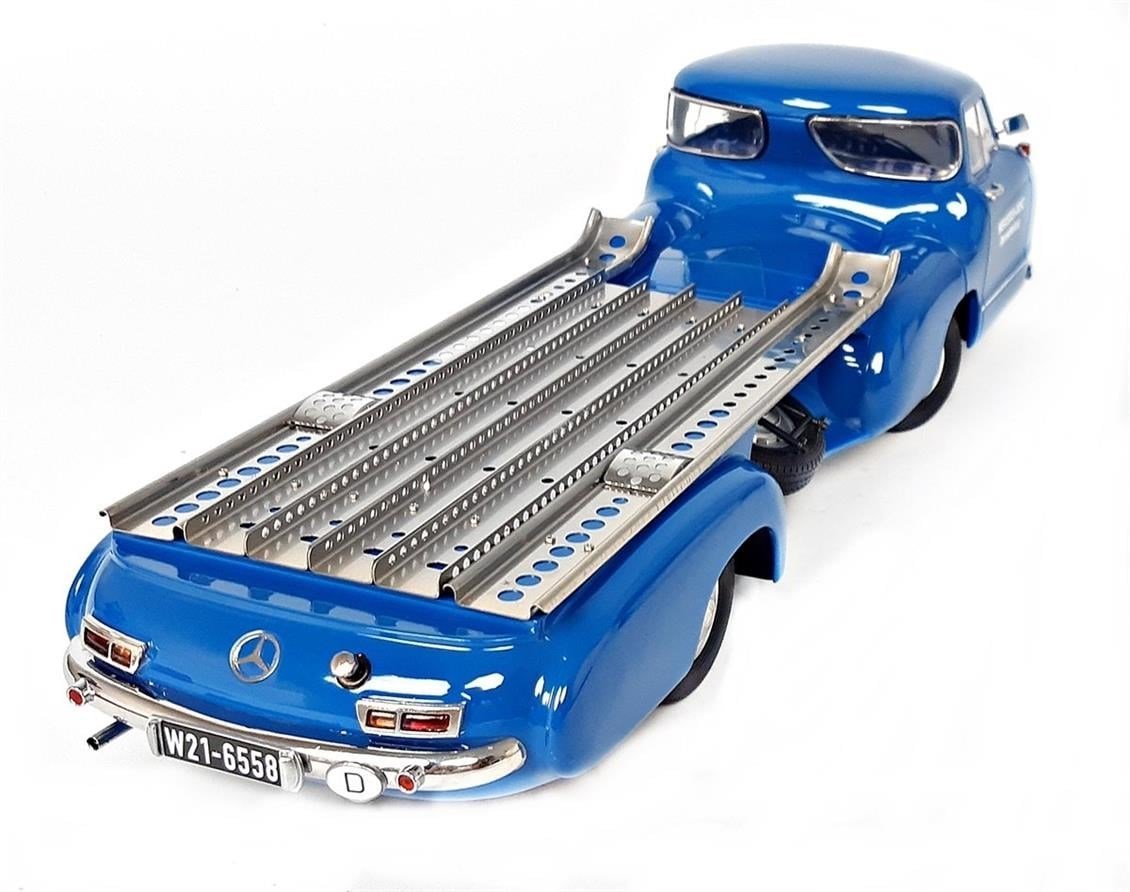 iScale 118006 1/18 Ölçek, 1955 Mercedes Benz Racing Car Transporter (The Blue Wonder), Mavi, Sergilemeye Hazır Metal Araba Mode
