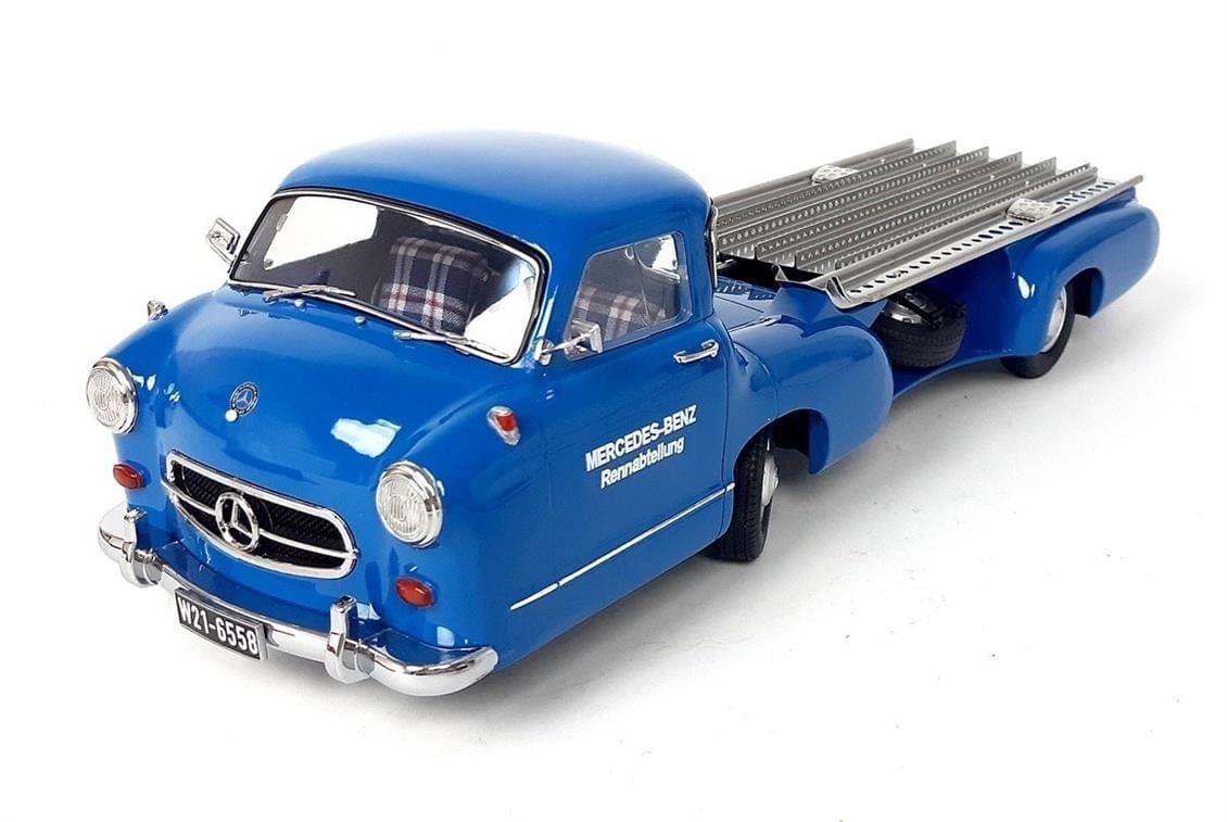 iScale 118006 1/18 Ölçek, 1955 Mercedes Benz Racing Car Transporter (The Blue Wonder), Mavi, Sergilemeye Hazır Metal Araba Mode