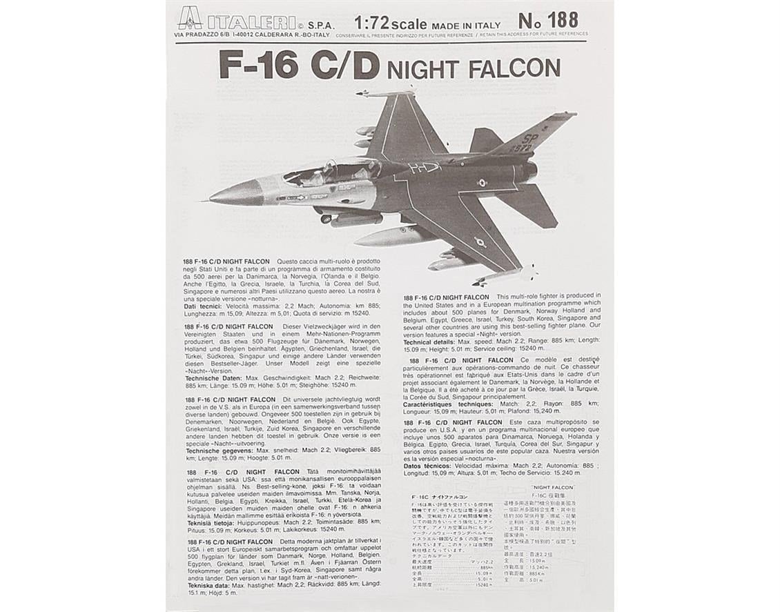 Italeri 0188S 1/72 Ölçek, F-16C/D Night Falcon Savaş Uçağı, Plastik Model kiti