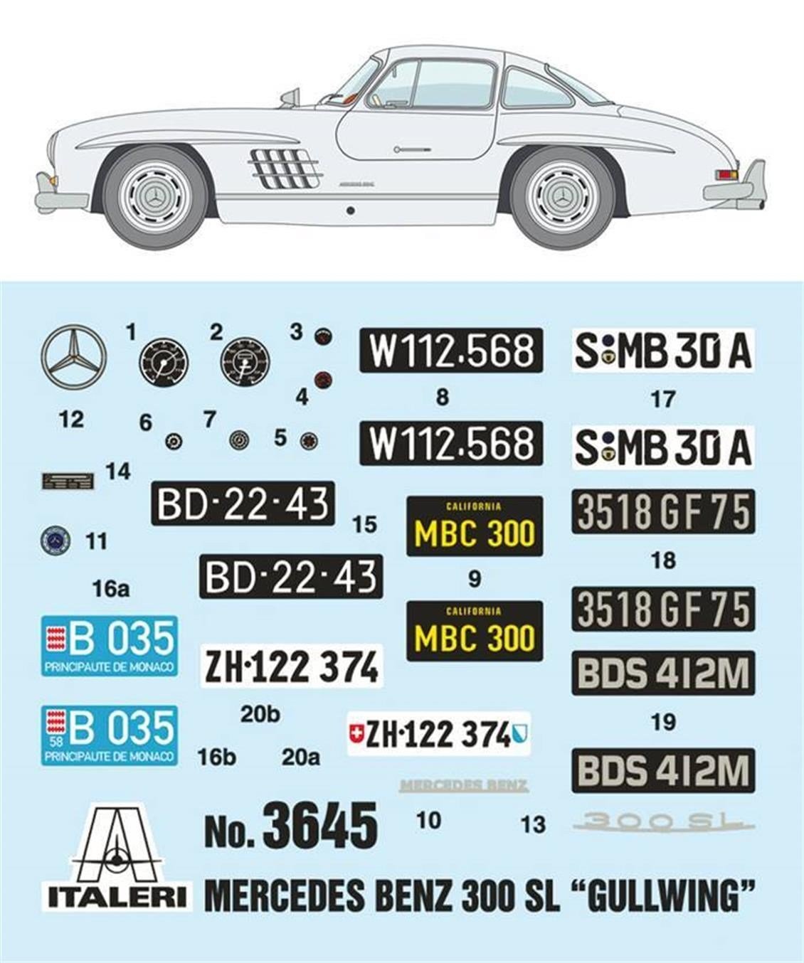 Italeri 3645S 1/24 Ölçek, Mercedes 300 SL Gullwing Coupe Araba, Plastik Model kiti