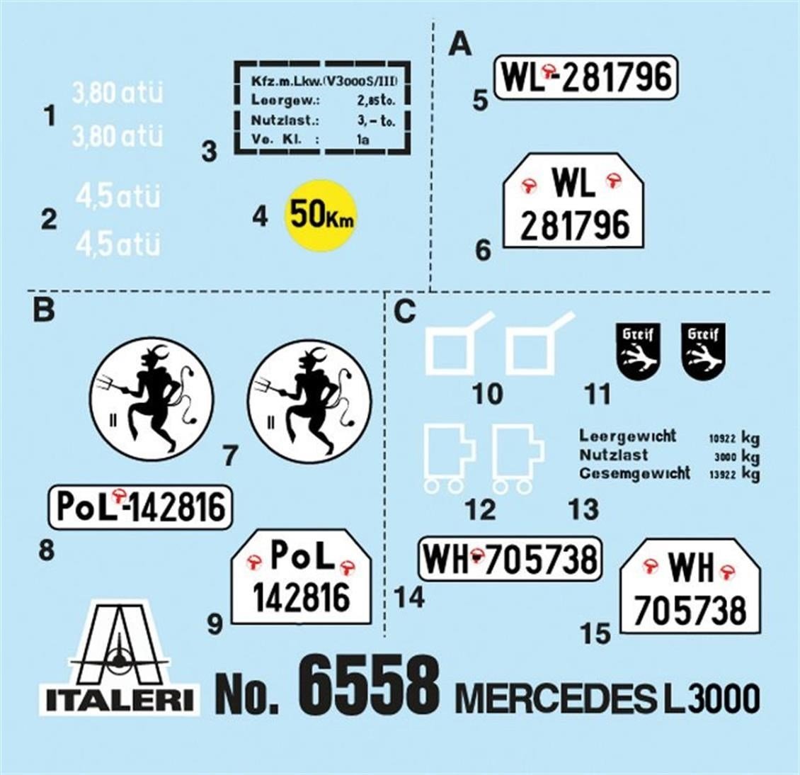 Italeri 6558S 1/35 Ölçek, Mercedes-Benz L3000 Askeri Kamyon, Plastik Model kiti
