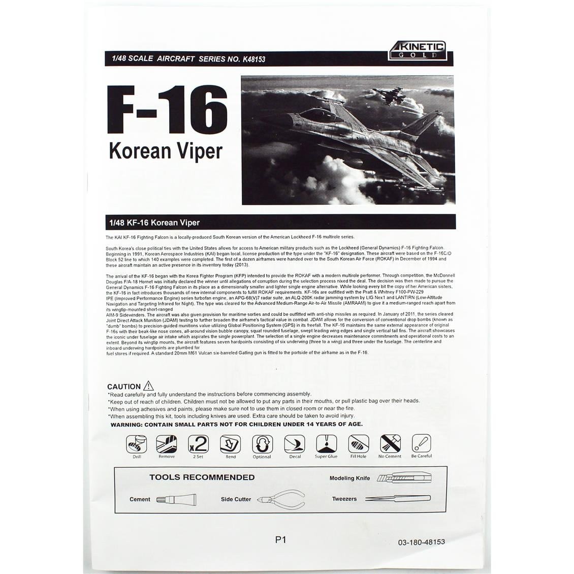 Kinetic K48153 1/48 Ölçek, KF-16U (ROKAF Viper) Savaş Uçağı, Plastik Model kiti