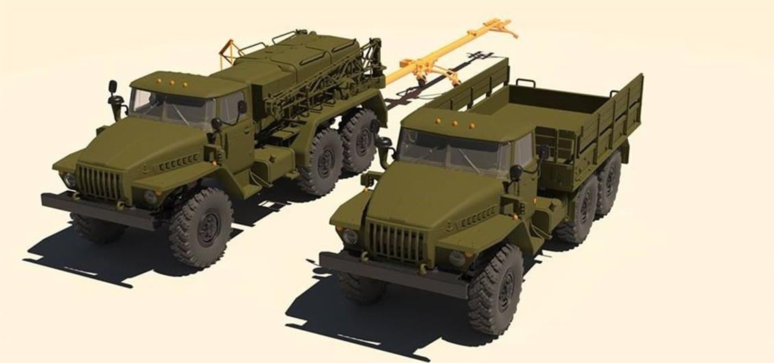 Kitty Hawk 80159 1/48 Ölçek, Ural 4320 ve APA-5D Askeri 2 Adet Kamyon, Plastik Model kiti