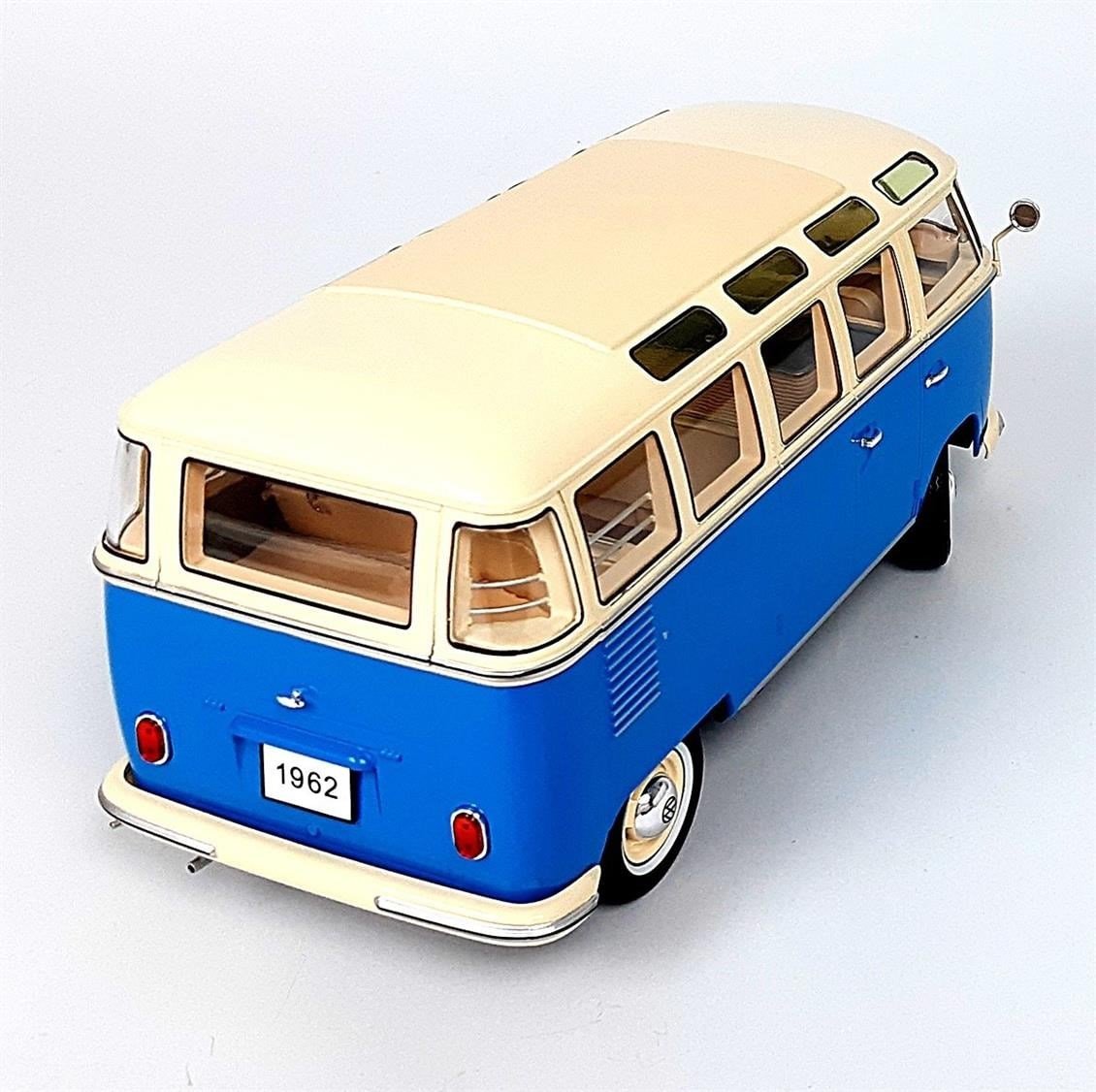 KKscale 180152 1/18 Ölçek, 1961 Volkswagen T1 Samba Bus, Mavi-Krem, Sergilemeye Hazır Metal Araba Modeli