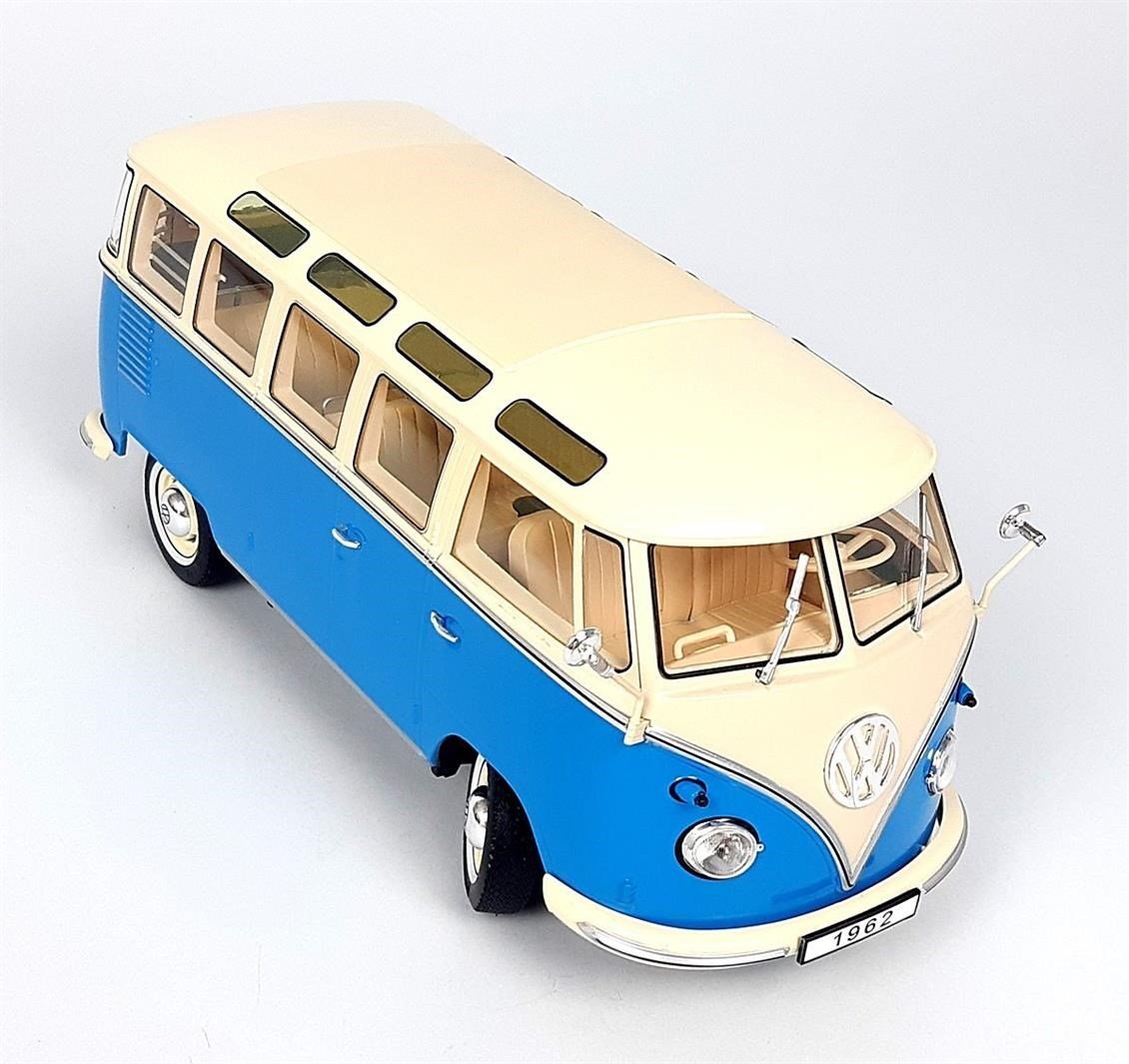 KKscale 180152 1/18 Ölçek, 1961 Volkswagen T1 Samba Bus, Mavi-Krem, Sergilemeye Hazır Metal Araba Modeli