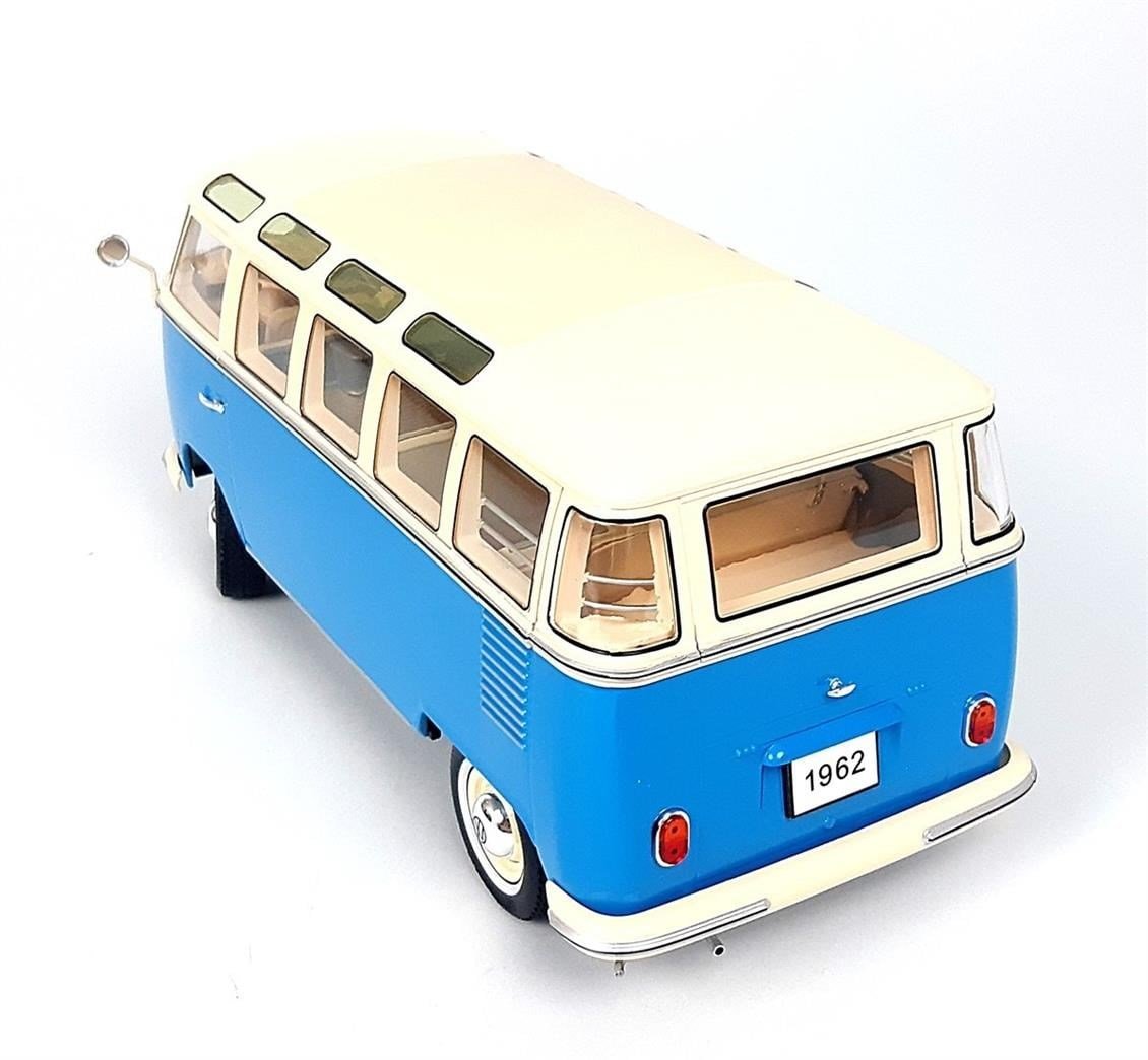 KKscale 180152 1/18 Ölçek, 1961 Volkswagen T1 Samba Bus, Mavi-Krem, Sergilemeye Hazır Metal Araba Modeli