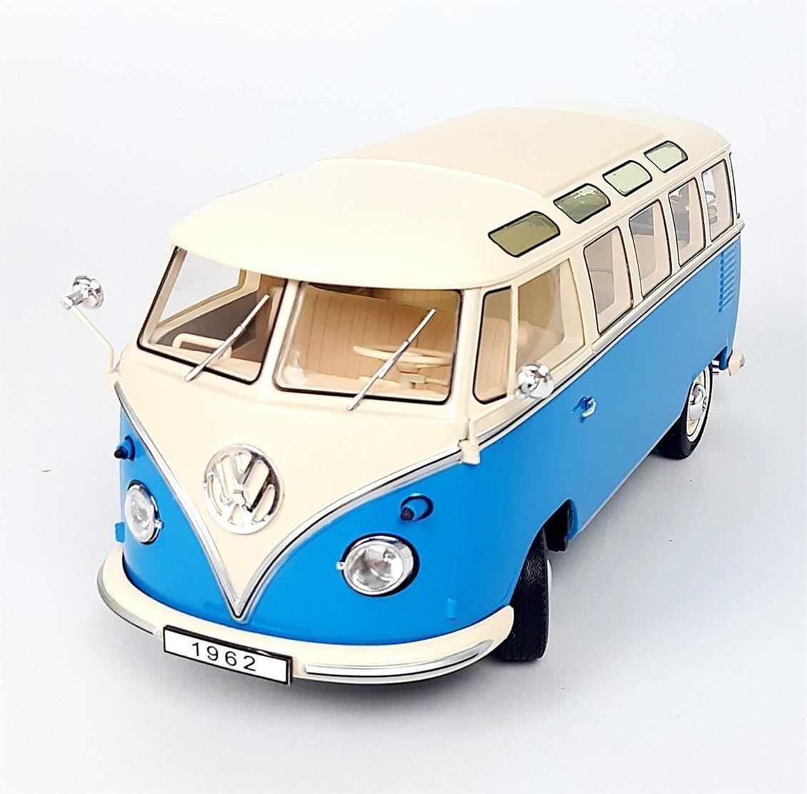 KKscale 180152 1/18 Ölçek, 1961 Volkswagen T1 Samba Bus, Mavi-Krem, Sergilemeye Hazır Metal Araba Modeli