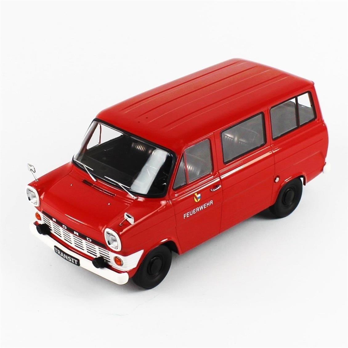 KKscale 180467 1/18 Ölçek, 1965 Ford Transit Minibüs, İtfaiye, Kırmızı, Sergilemeye Hazır Metal Minibüs Modeli
