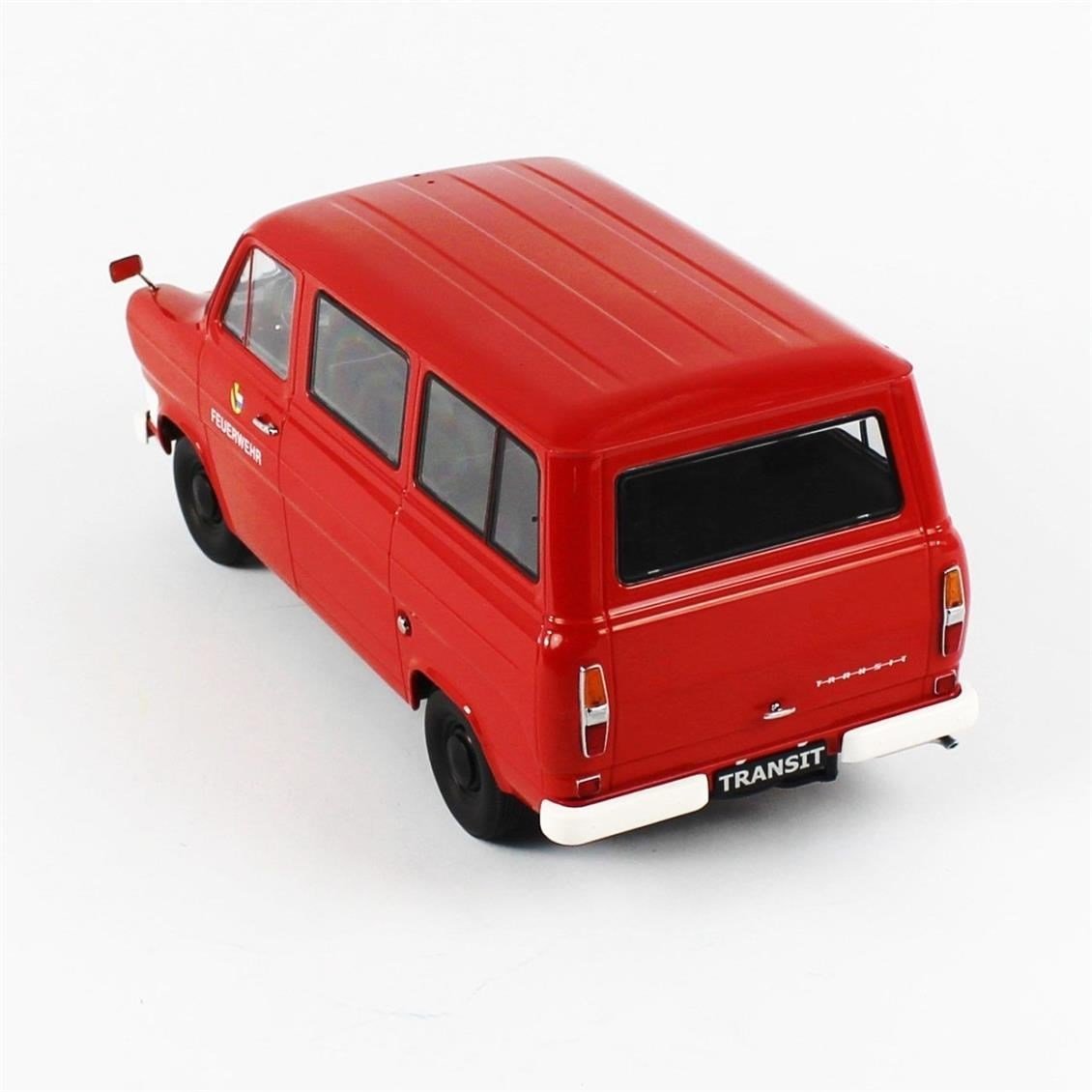 KKscale 180467 1/18 Ölçek, 1965 Ford Transit Minibüs, İtfaiye, Kırmızı, Sergilemeye Hazır Metal Minibüs Modeli