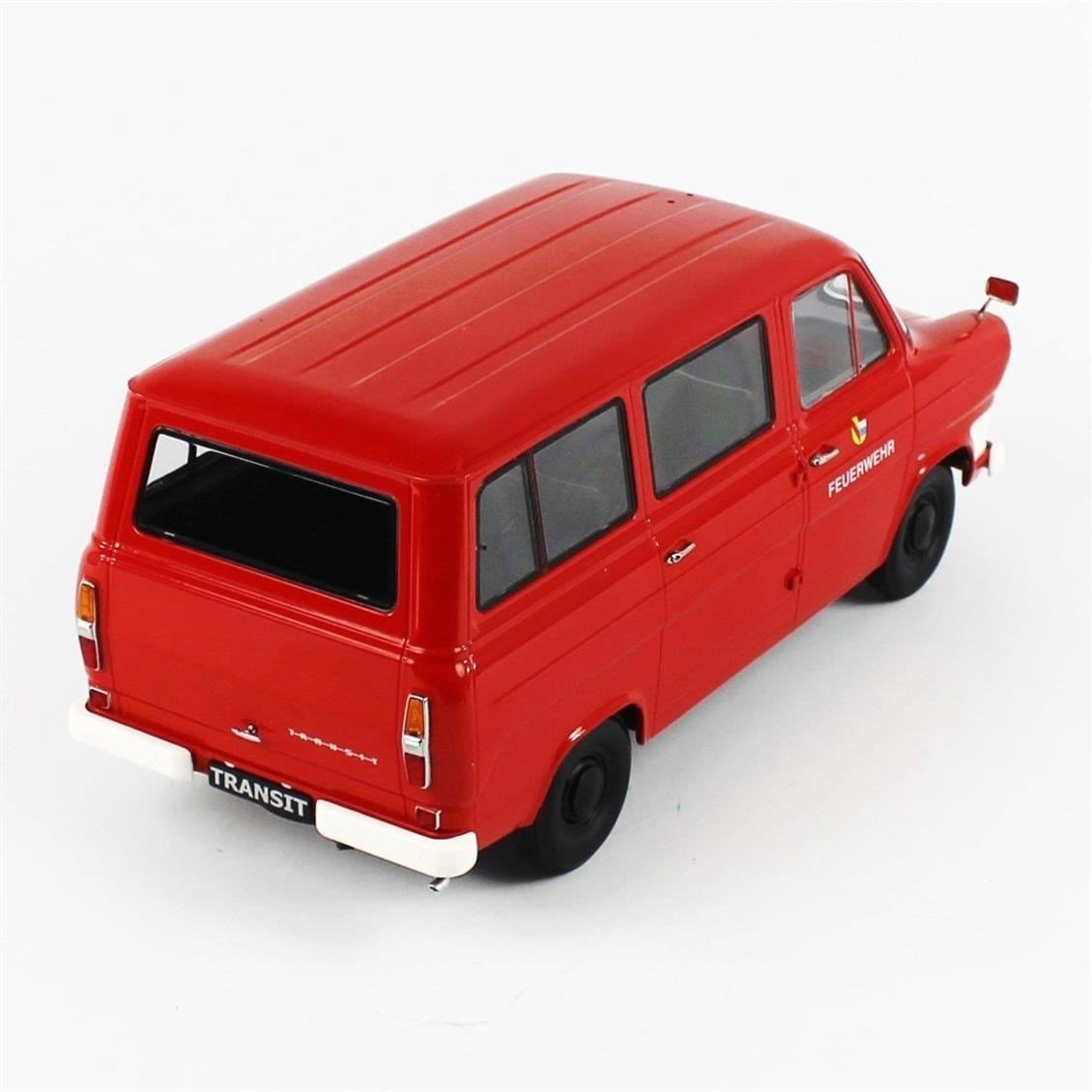 KKscale 180467 1/18 Ölçek, 1965 Ford Transit Minibüs, İtfaiye, Kırmızı, Sergilemeye Hazır Metal Minibüs Modeli