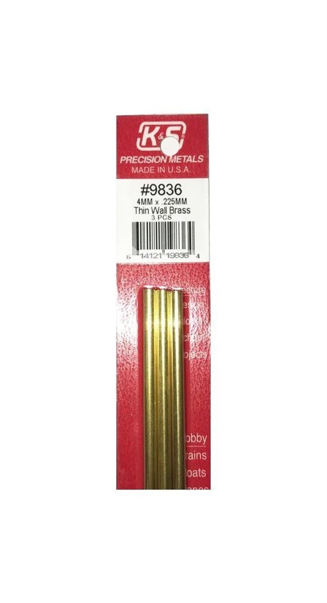 K&S 9836 Thın Wall Brass Tubes-4Mm Odx.225Mm Wallx300M