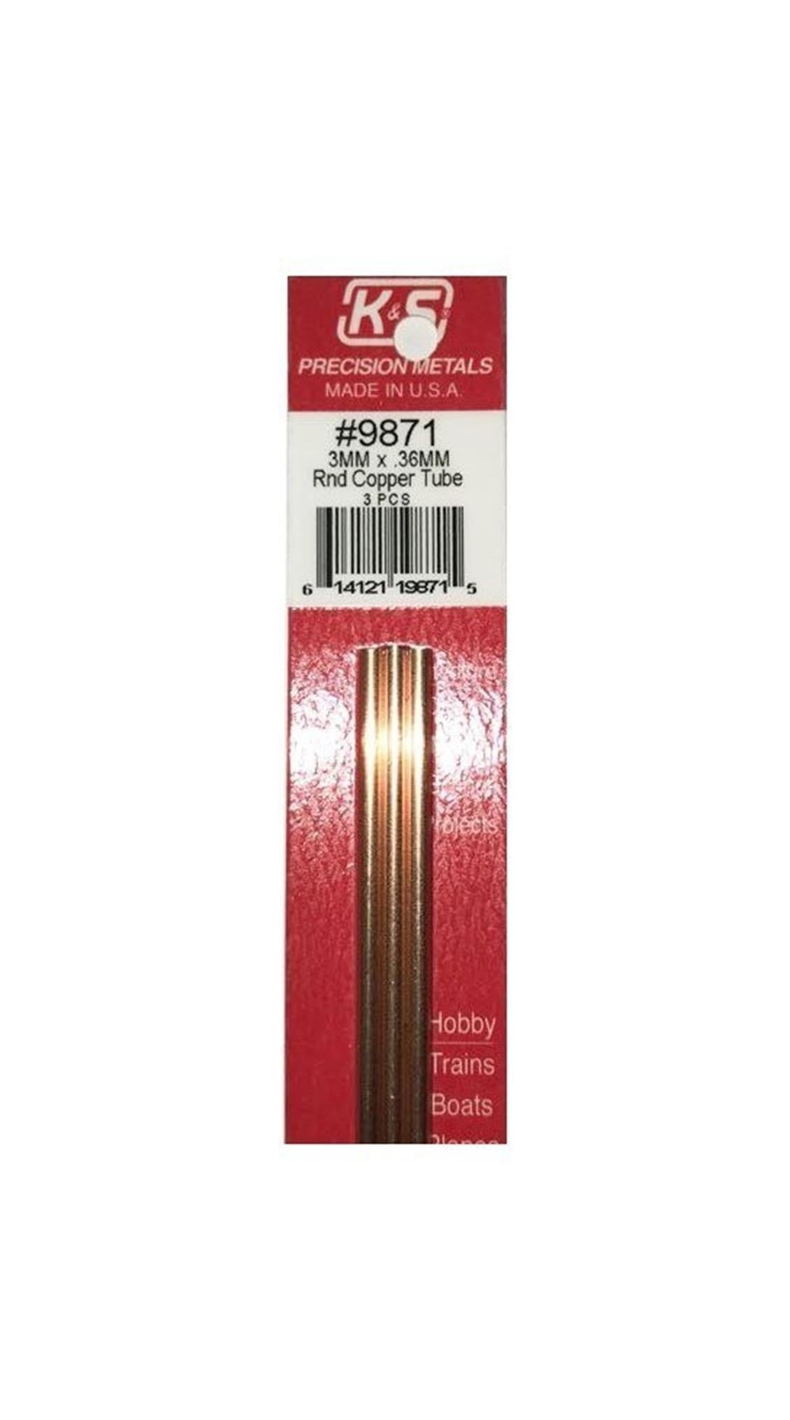 K&S 9871 Round Copper Tubes-3Mm Odx.36Mm Wallx300Mm-3P