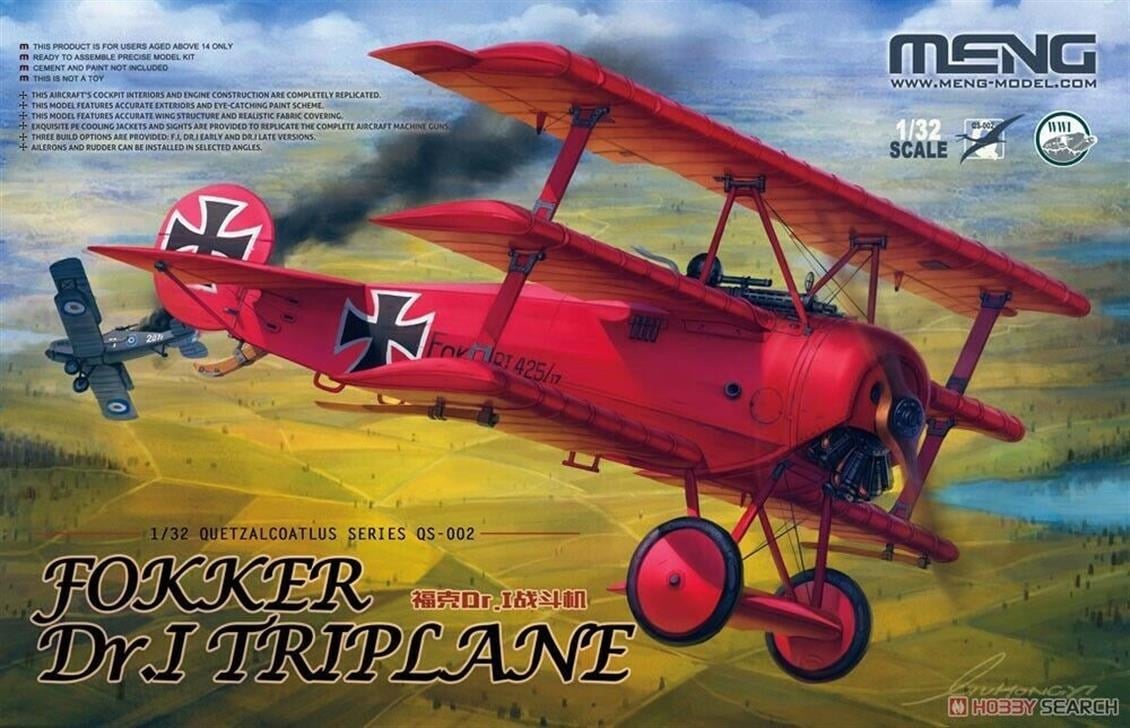 Meng QS-016 1/32 Ölçek, Fokker Dr.I Kızıl Baron Üç Kanatlı Savaş Uçağı, Plastik Model Kiti