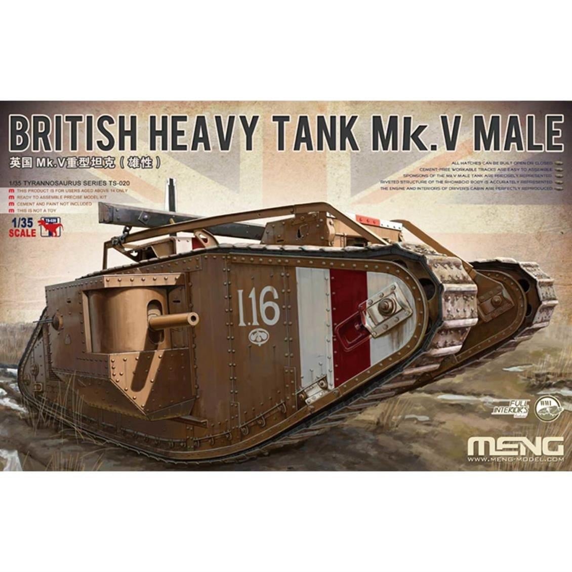 Meng TS-020 1/35 Ölçek, İngiliz Ağır Tankı Mk.V MALE, Plastik Model Kiti