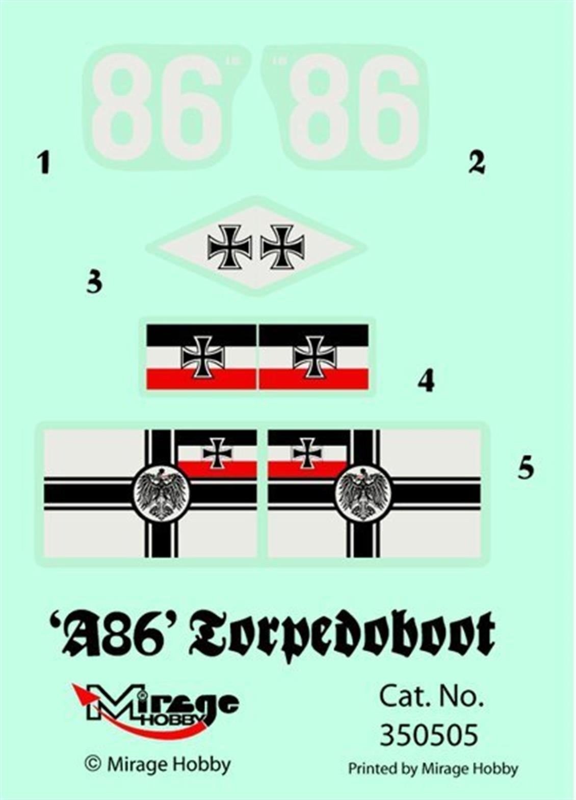 Mirage 350505 1/350 Ölçek, A 86 German Torpedoboat A/III Class, Plastik Model kiti