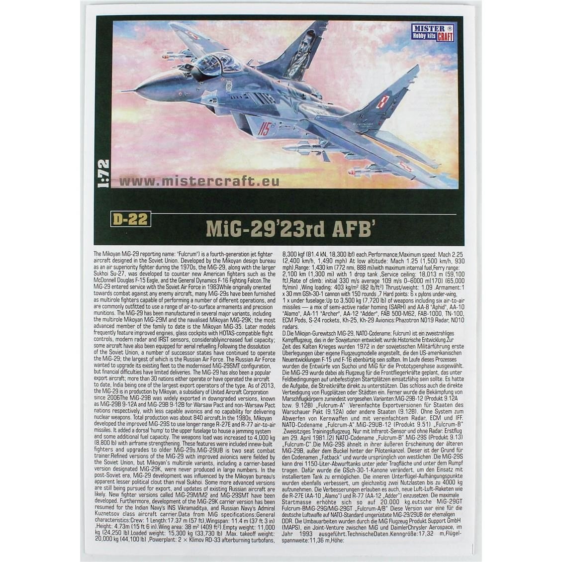 Mistercraft D022ST 1/72 Ölçek, MIG-29M 23rd AFB Savaş Uçağı, Plastik Model kiti, (12xBoya,2xFırça,Yapıştırıcılı Başlangıç Seti)