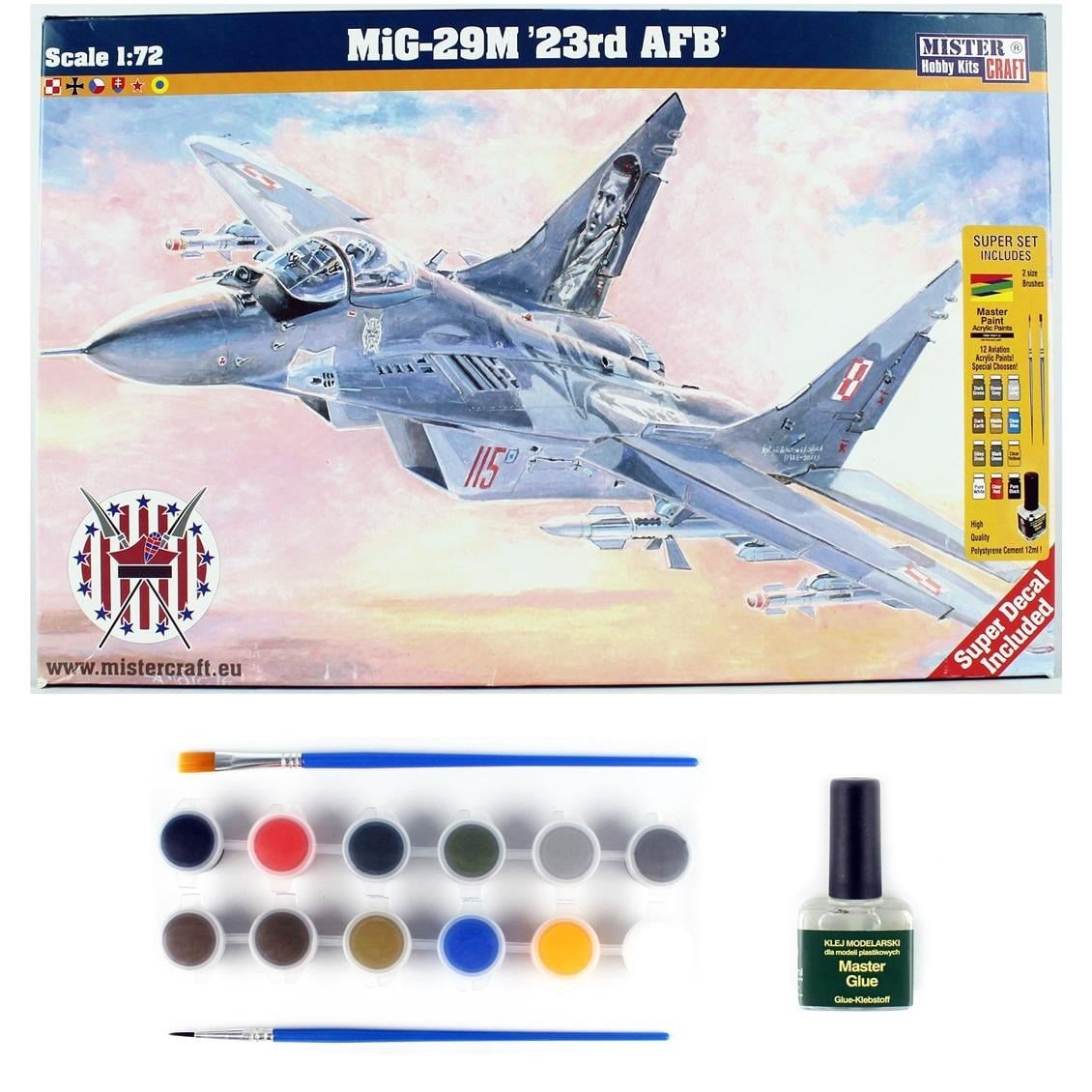 Mistercraft D022ST 1/72 Ölçek, MIG-29M 23rd AFB Savaş Uçağı, Plastik Model kiti, (12xBoya,2xFırça,Yapıştırıcılı Başlangıç Seti)