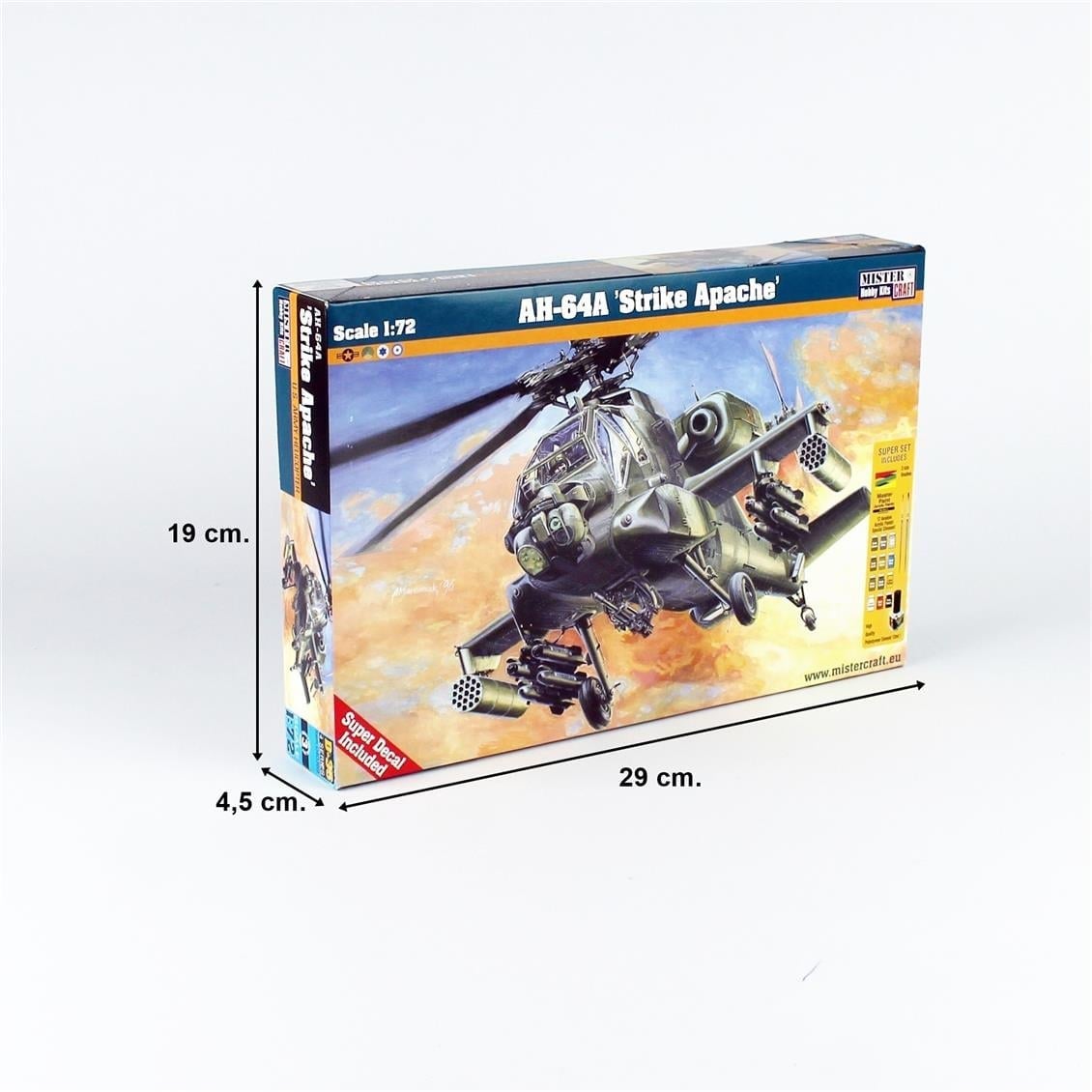 Mistercraft D036ST 1/72 AH-64A Strike Apache Helikopteri Plastik Model Kiti, (12xBoya,2xFırça,Yapıştırıcılı Başlangıç Seti)