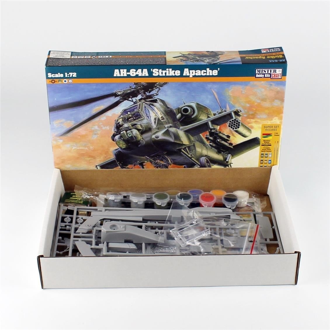 Mistercraft D036ST 1/72 AH-64A Strike Apache Helikopteri Plastik Model Kiti, (12xBoya,2xFırça,Yapıştırıcılı Başlangıç Seti)