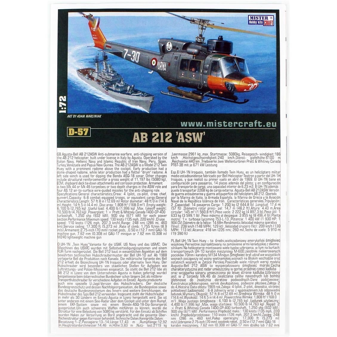 Mistercraft D057ST 1/72 AB-212 ASW Denizaltı Avcı Helikopteri Plastik Model Kiti, (12xBoya,2xFırça,Yapıştırıcılı Başlangıç Seti
