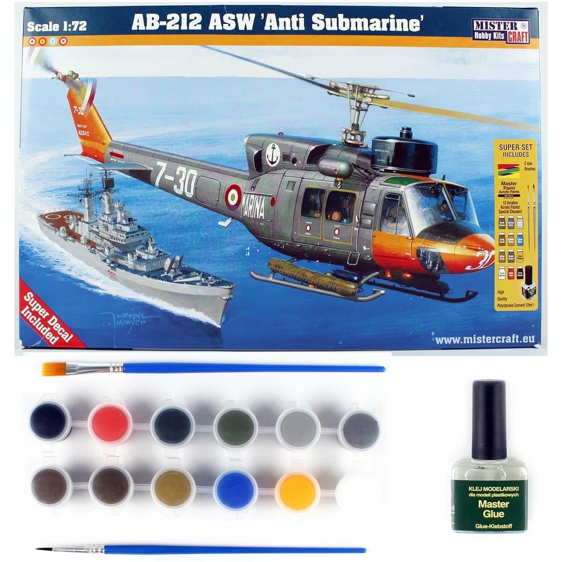 Mistercraft D057ST 1/72 AB-212 ASW Denizaltı Avcı Helikopteri Plastik Model Kiti, (12xBoya,2xFırça,Yapıştırıcılı Başlangıç Seti