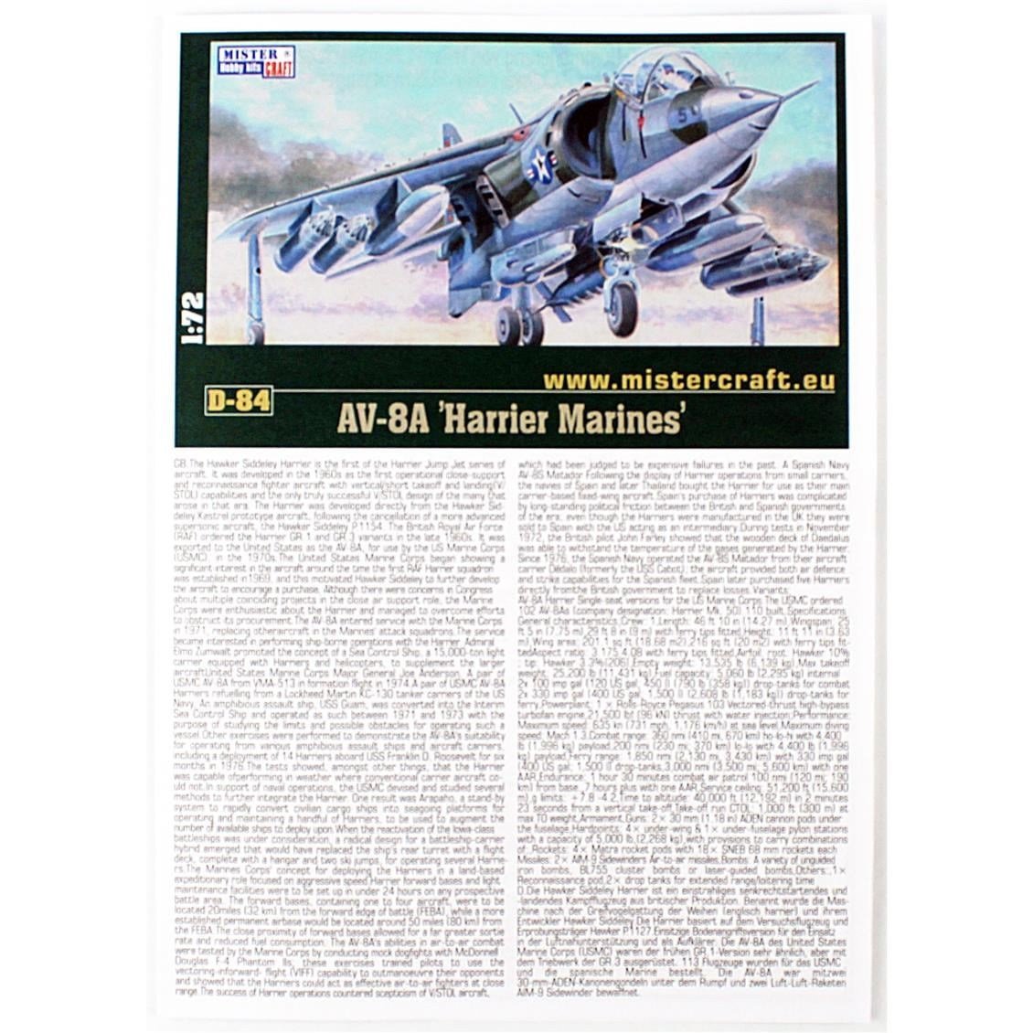 Mistercraft D084 1/72 AV-8A Harrier Marines Savaş Uçağı Plastik Model Kiti