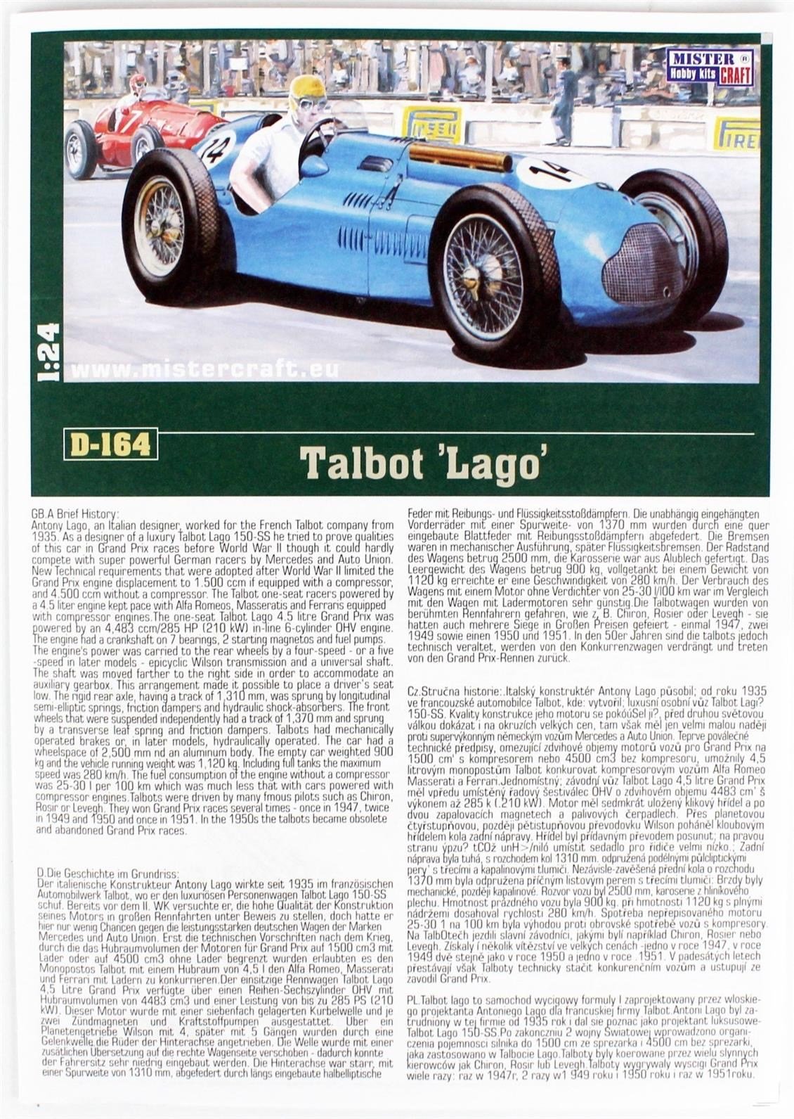 Mistercraft D164 1/24 Talbot Lago Yarış Arabası Plastik Model Kiti