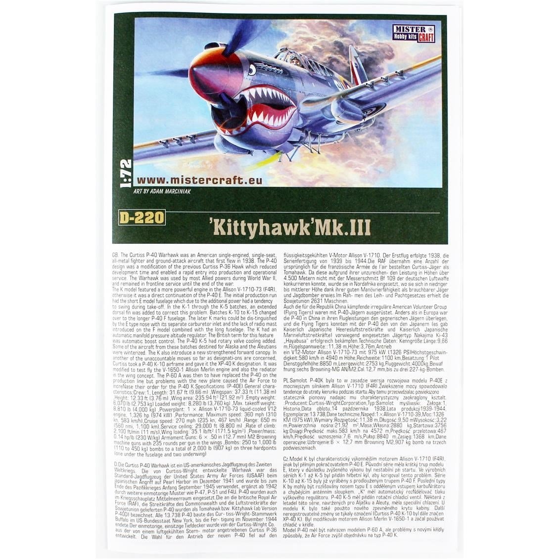 Mistercraft D220ST 1/72 P-40 K Kittyhawk Mk.III Savaş Uçağı Plastik Model Kiti