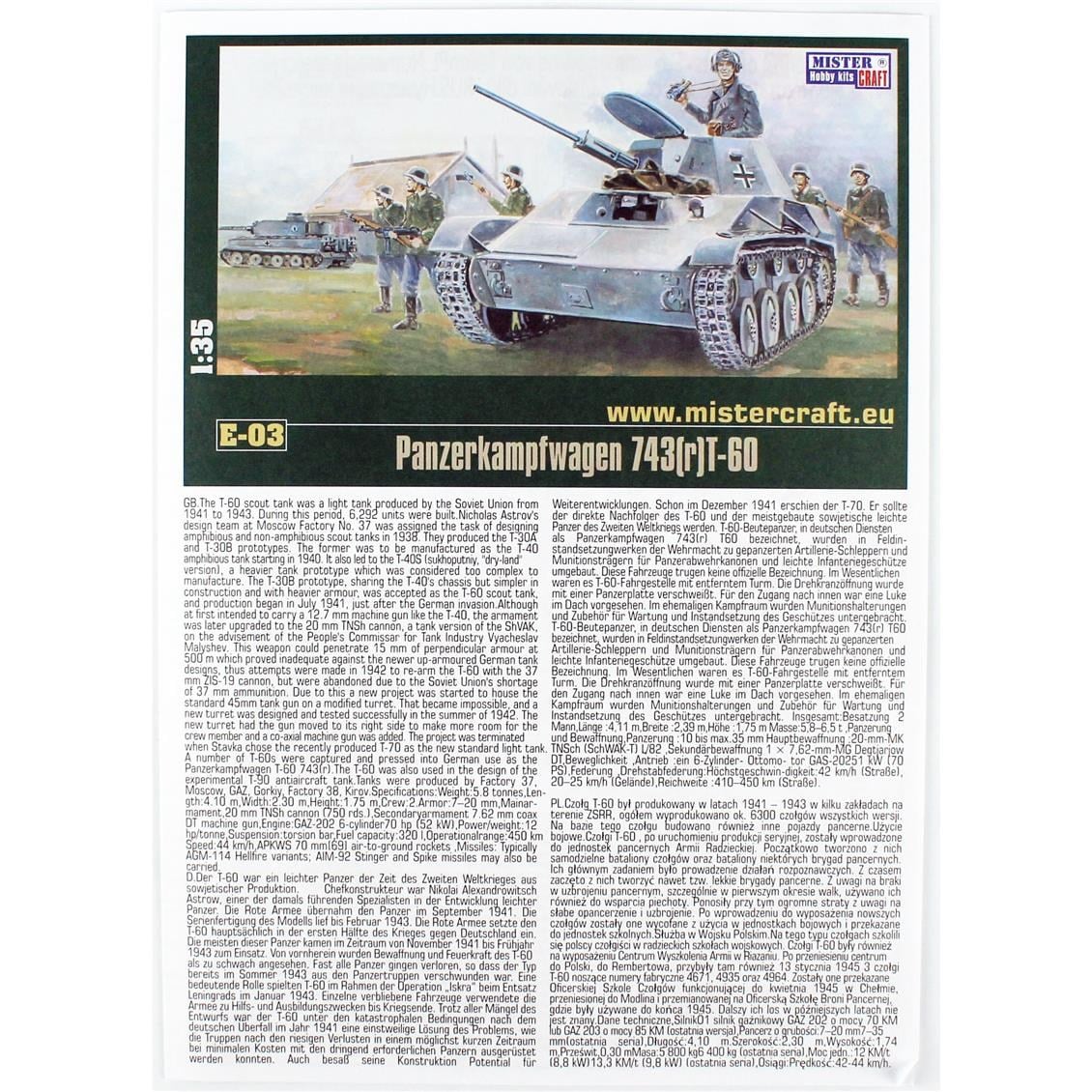 Mistercraft E003ST 1/35 PzKpfW T-60 743R Tankı Plastik Model Kiti, (12xBoya,2xFırça,Yapıştırıcılı Başlangıç Seti)