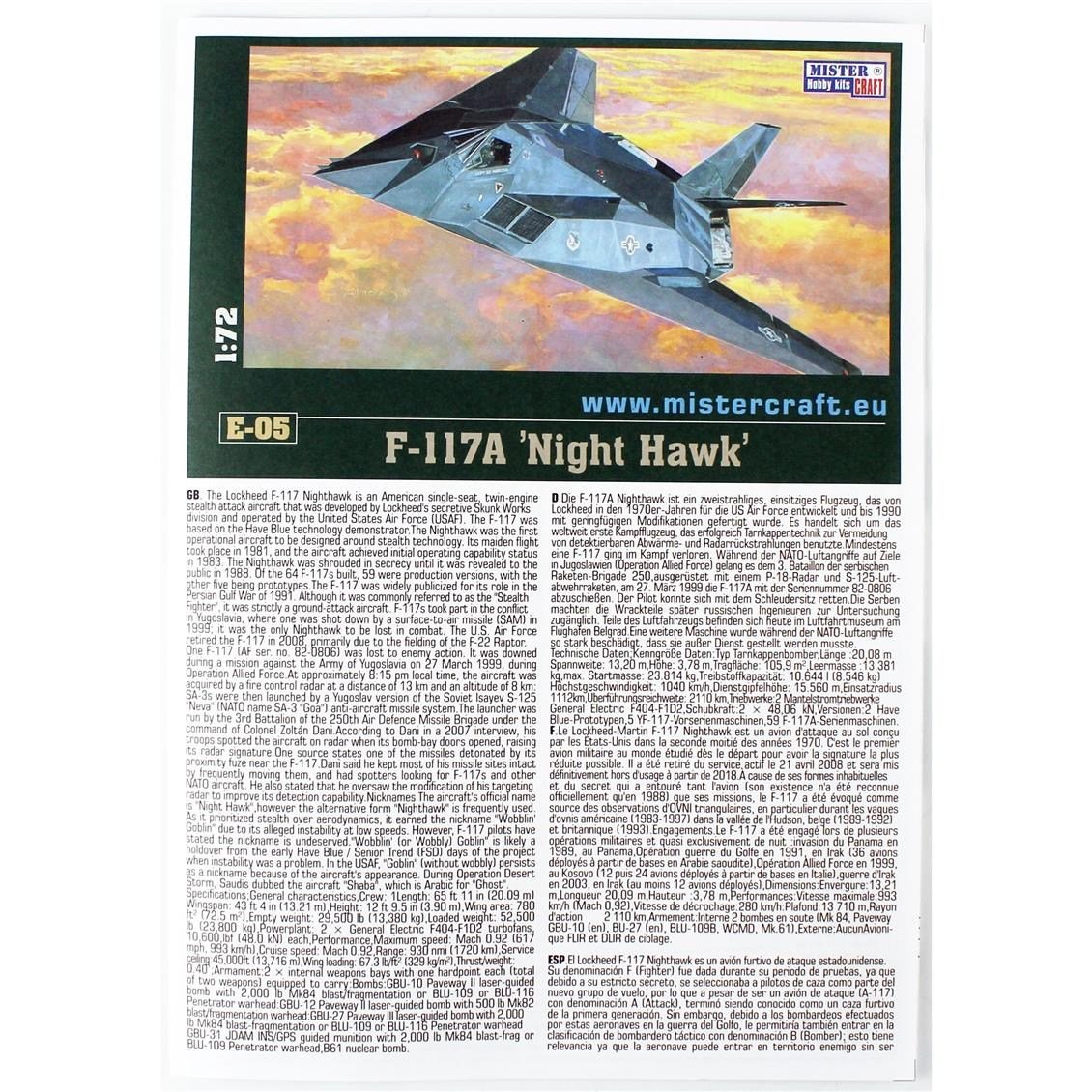 Mistercraft E005 1/72 F-117A (Night Hawk) Savaş Uçağı Plastik Model Kiti
