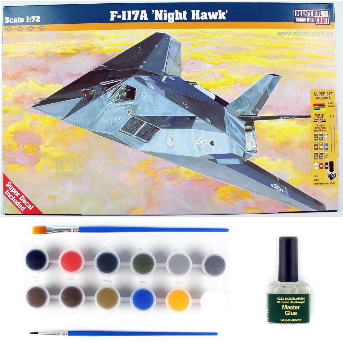 Mistercraft E005ST 1/72 F-117A (Night Hawk) Savaş Uçağı Plastik Model Kiti, (12xBoya,2xFırça,Yapıştırıcılı Başlangıç Seti)