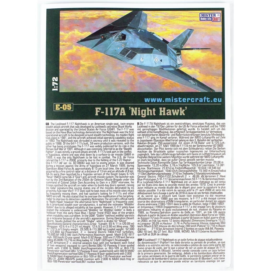 Mistercraft E005ST 1/72 F-117A (Night Hawk) Savaş Uçağı Plastik Model Kiti, (12xBoya,2xFırça,Yapıştırıcılı Başlangıç Seti)