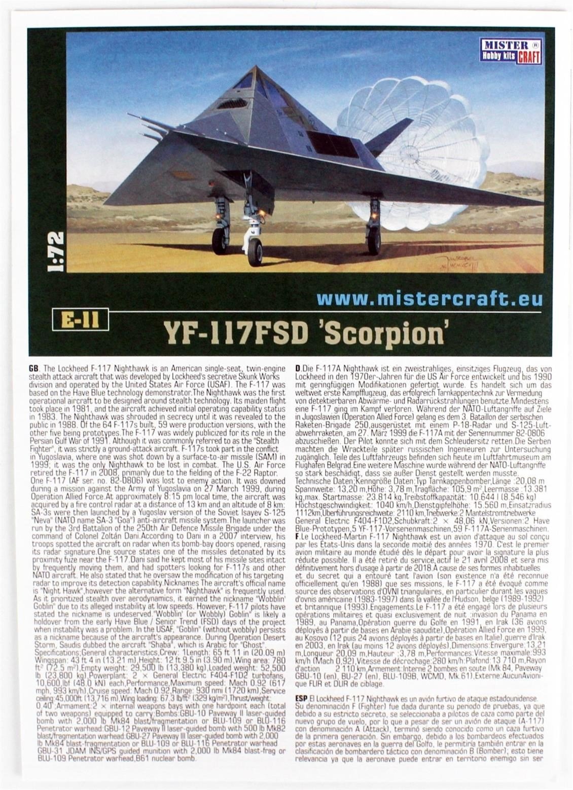 Mistercraft E011 1/72 YF-117A (Scorpion) Savaş Uçağı Demonte Plastik Maketi